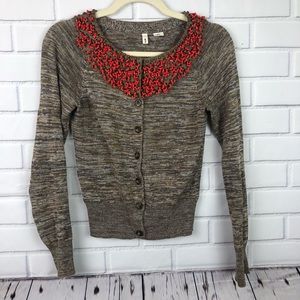 Anthropologie Brown Sweater with Red Embellishments